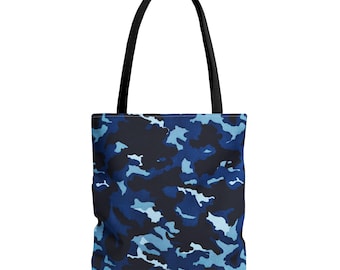 Blue Camouflage Tote Bag: 100% Polyester, 16x16 with Black Handles