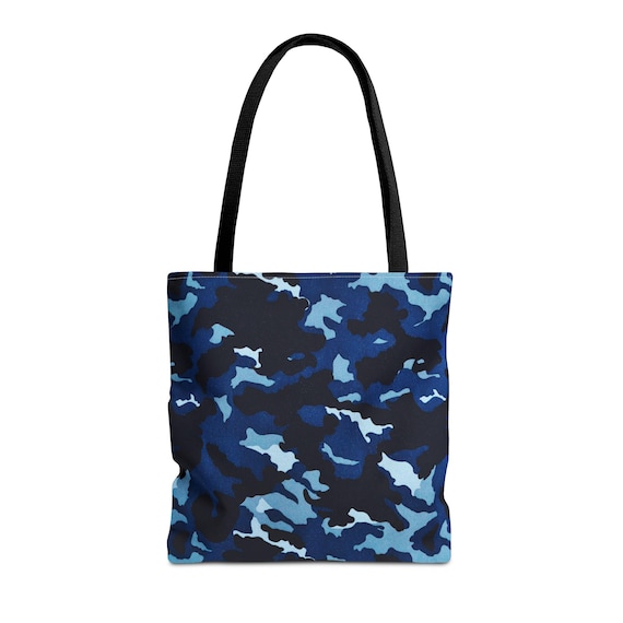 Blue Camouflage Tote Bag: 100% Polyester, 16x16 with Black Handles