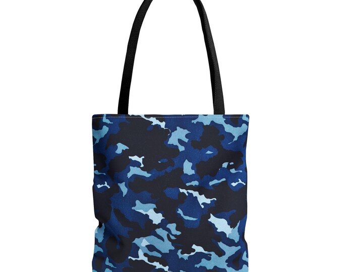 Blue Camouflage Tote Bag: 100% Polyester, 16x16 with Black Handles