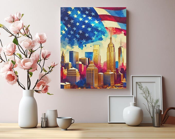 American Flag Skyline Canvas Art, Watercolor Cityscape Home Decor