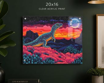 The Interstellar Dino Trek Acrylic Print | Neon Lizard Landscape French Cleat Hanging