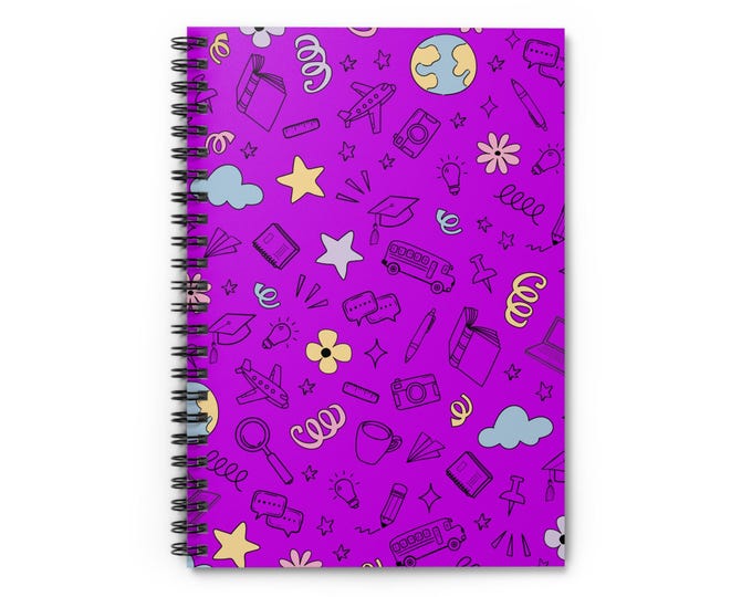 Stylish Scribble School Supplies Pattern Spiral Bound Notebook | Purple Doodle Ruled Journal