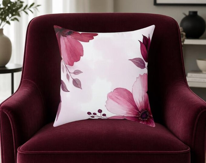 Burgundy Floral Spun Polyester Square Pillow