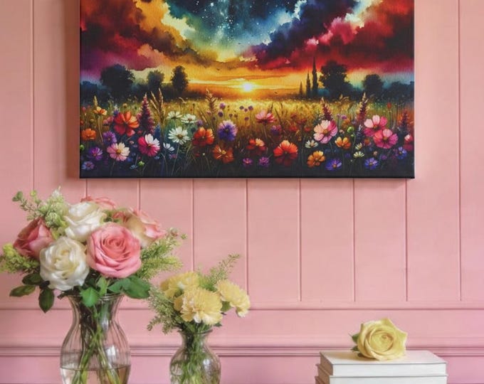 Onyx Floral Embers Canvas Wall Art: Dreamy Night Sky Decor (30x15)