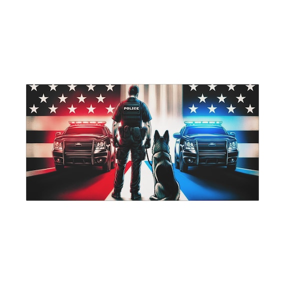 Patriotic Police Dog Canvas Art: Thin Blue Line USA Flag Tribute (30x15)