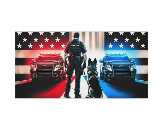 Patriotic Police Dog Canvas Art: Thin Blue Line USA Flag Tribute (30x15)