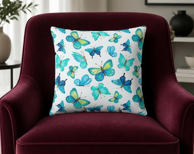Blue Teal Butterflies Square Pillow | Decorative Throw Pillow