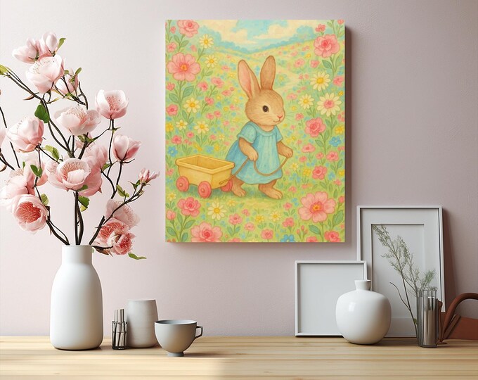 Adorable Vintage Easter Bunny in Blue Dress Matte Canvas | Sweet Seasonal Nursery Decor 16x20
