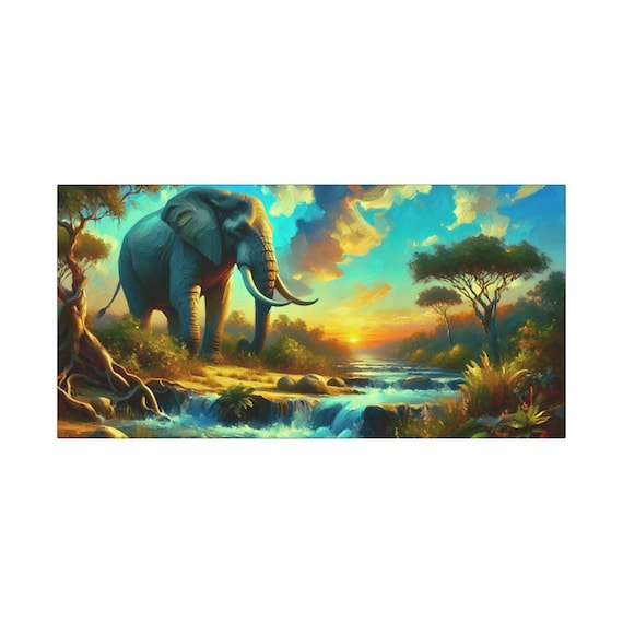 Elephant Sunset Canvas Wall Art: Nature Inspired Decor (30x15)