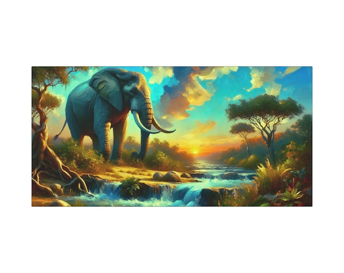 Elephant Sunset Canvas Wall Art: Nature Inspired Decor (30x15)