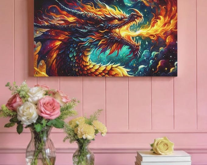 Starstew Dragon Canvas Art: Fantasy Home Decor, Dragon Lover Gift (30x15)
