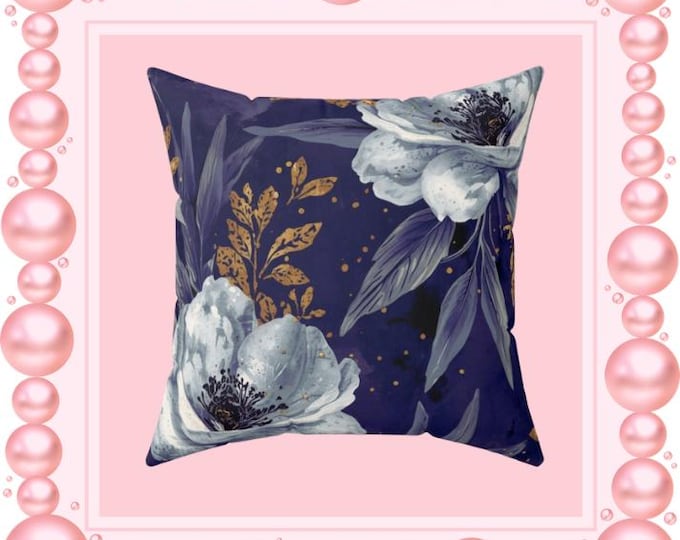 Navy Floral Peony Pillow | Square Throw Pillow, Gold Leaf Accent