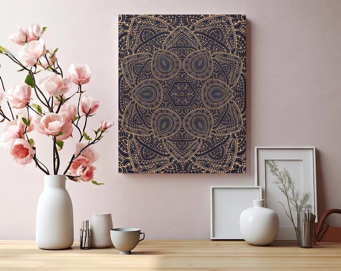 Navy Blue & Gold Mandala Matte Canvas Artwork | Modern Home Decor