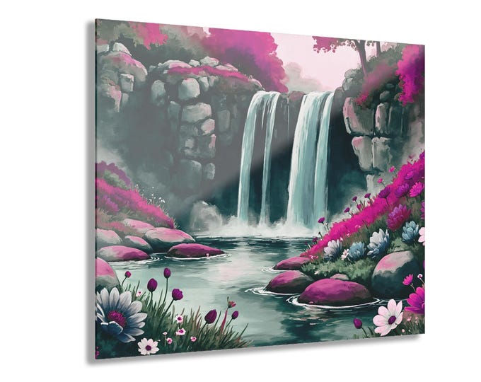 Magenta Meadow Acrylic Print | Pink Waterfall Floral Landscape Home Accent