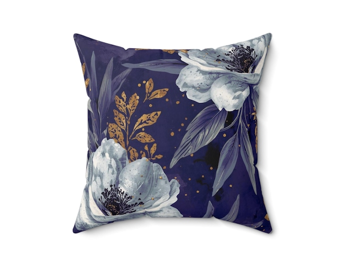 Navy Floral Peony Pillow | Square Throw Pillow, Gold Leaf Accent
