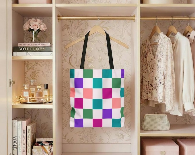 Colorful Checkerboard Tote Bag | Pastel Teal Pink Purple Squares