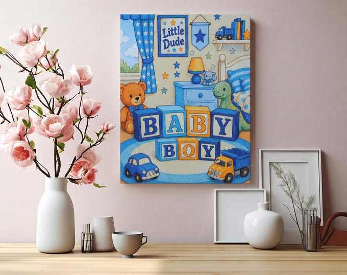 Baby Boy Nursery Blocks Canvas | Matte Stretched Wall Art