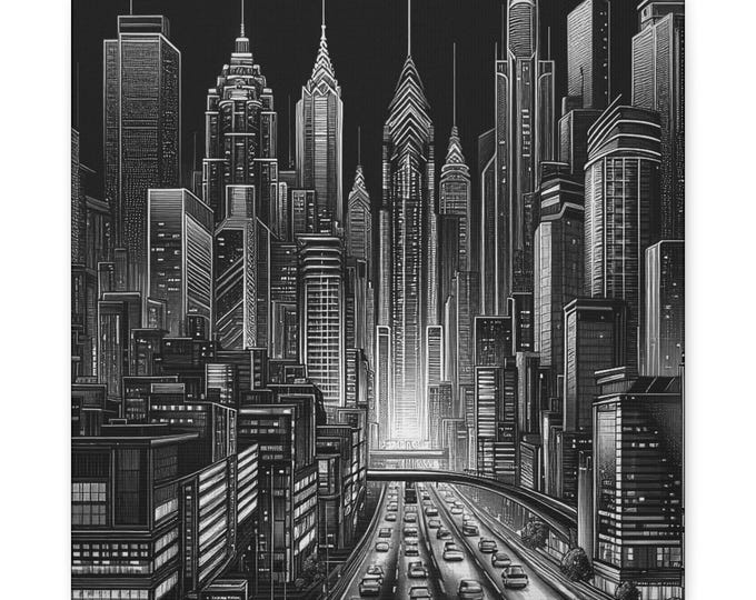 Black and White Urban Skyline Canvas Wall Art, Cityscape Decor (14x14)