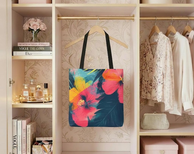 Neon Hibiscus Floral Tote Bag | Tropical Flower Beach Carry-all