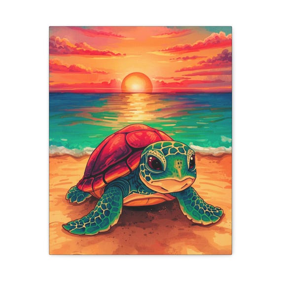 Sea Turtle Sunset Canvas Art: Ocean Beach Home Decor (16x20)