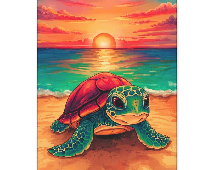 Sea Turtle Sunset Canvas Art: Ocean Beach Home Decor (16x20)