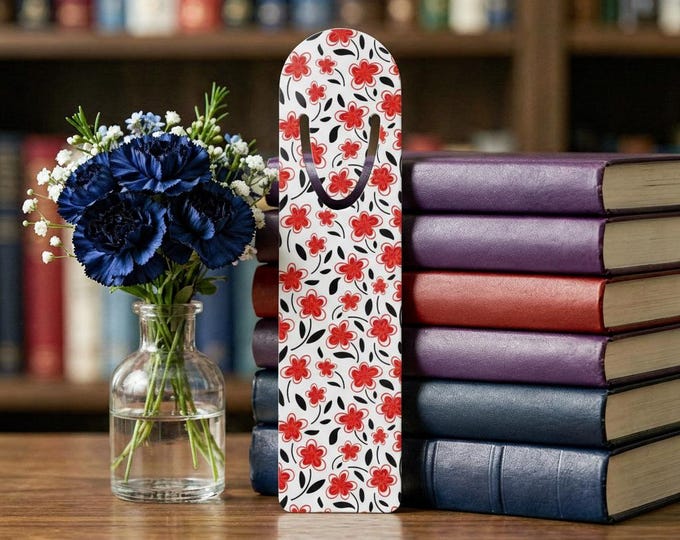 Red Floral Pattern Bookmark | Magnetic Metal Bookmark, Flower Design