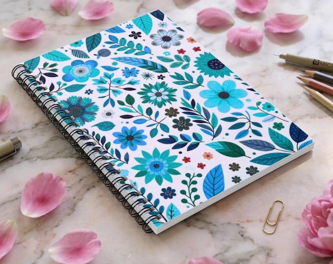Floral Spiral Notebook: Pretty Blue Journal, Ruled Lines