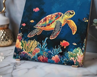 Sea Turtle Coral Acrylic Print | French Cleat Wall Accent