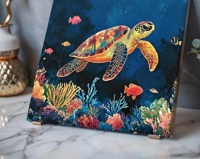 Sea Turtle Coral Acrylic Print | French Cleat Wall Accent