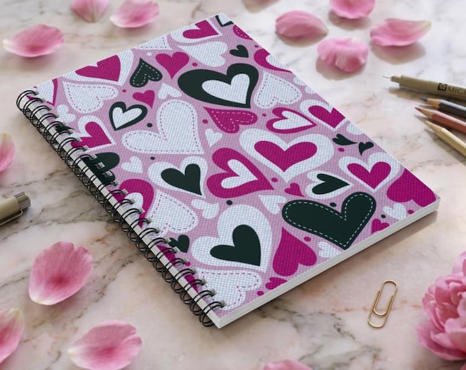 Pink Hearts Spiral Notebook - Journal, 6" x 8"