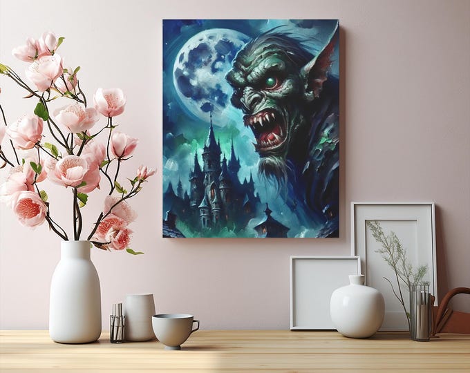 Gargoyle Canvas Wall Art: Gothic Horror Artwork, Halloween Decor (16x20)