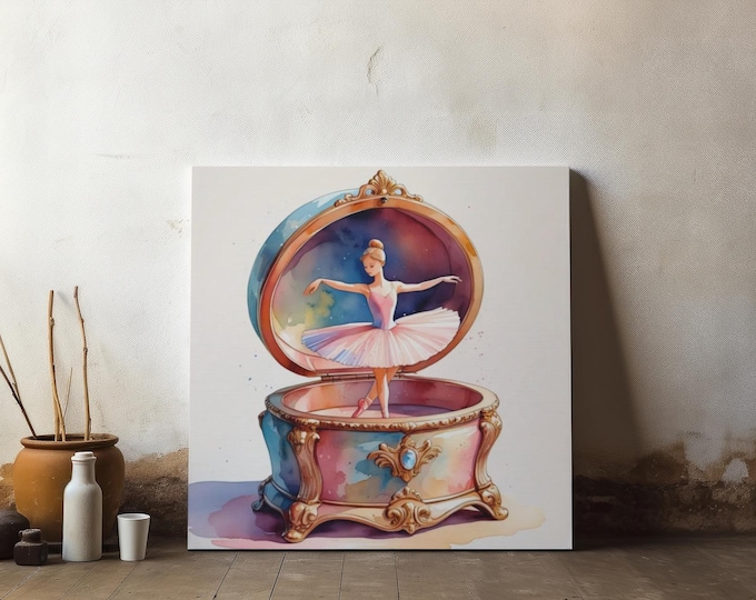 Ballerina Canvas Wall Art: Vintage Jewelry Box Design, 14x14