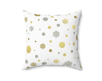 Holiday Throw Pillow: Golden Dots & Snowflakes, Festive Home Decor (16x16)