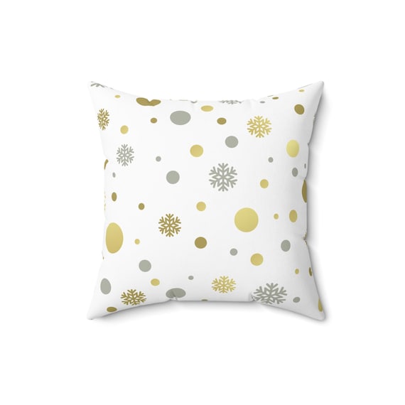 Holiday Throw Pillow: Golden Dots & Snowflakes, Festive Home Decor (16x16)