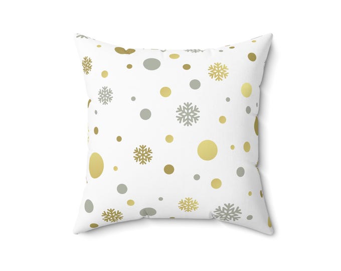 Holiday Throw Pillow: Golden Dots & Snowflakes, Festive Home Decor (16x16)