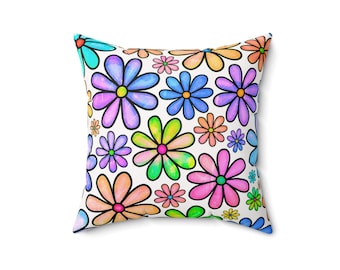 Colorful Doodle Flowers Pillow | Square Throw Pillow, Bright Floral Pattern