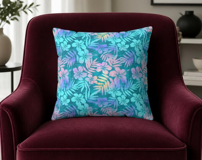 Hibiscus Glimmer Spun Polyester Pillow | Blue Floral Beach Throw Pillow
