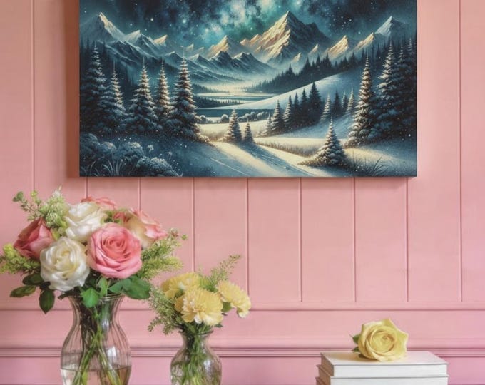 Mountainside Winter Canvas Art: Snowy Mountain Landscape (30x15)