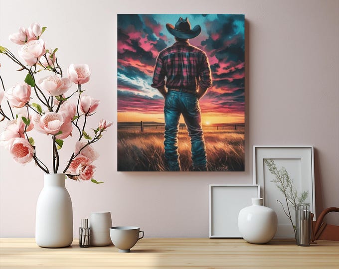 Western Ranch Sunset Canvas Art: Rustic Prairie Landscape (16x20)