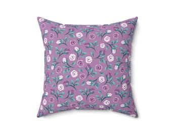 Floral Throw Pillow: Purple Roses, Teal Back - Cozy Accent Pillow (16x16)