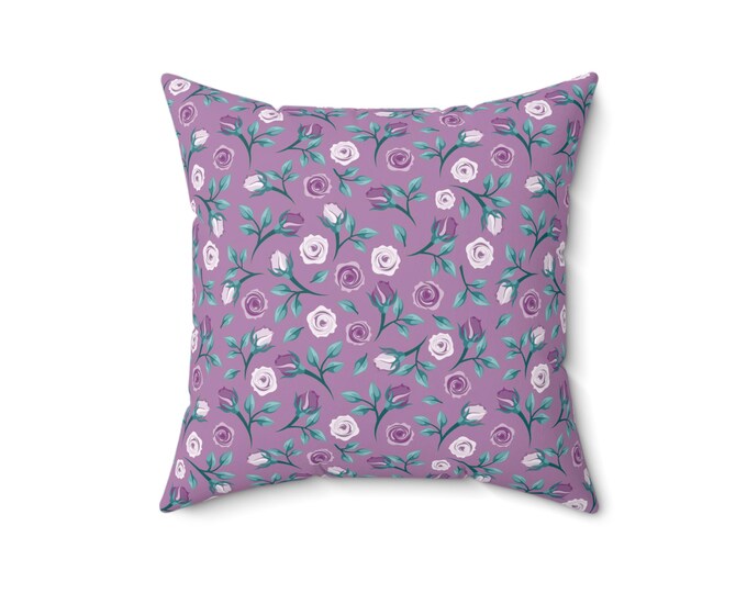 Floral Throw Pillow: Purple Roses, Teal Back - Cozy Accent Pillow (16x16)