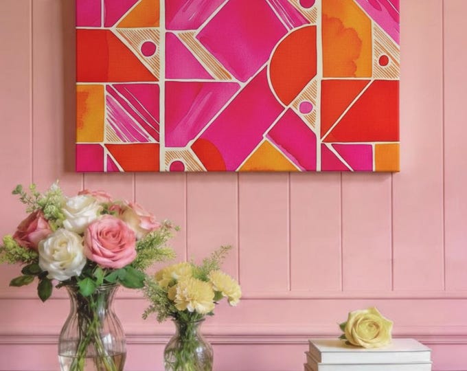 Coral Collage Canvas Art: Modern Geometric Wall Decor (30x15)