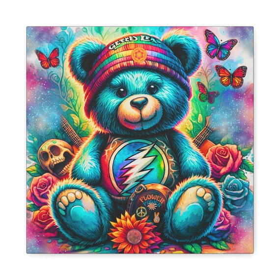 Flower Power Bear Canvas Art: Psychedelic Bohemian Home Decor