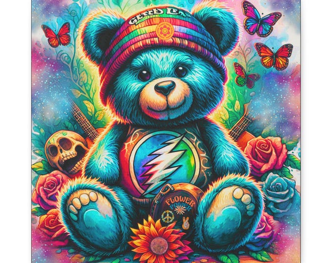 Flower Power Bear Canvas Art: Psychedelic Bohemian Home Decor