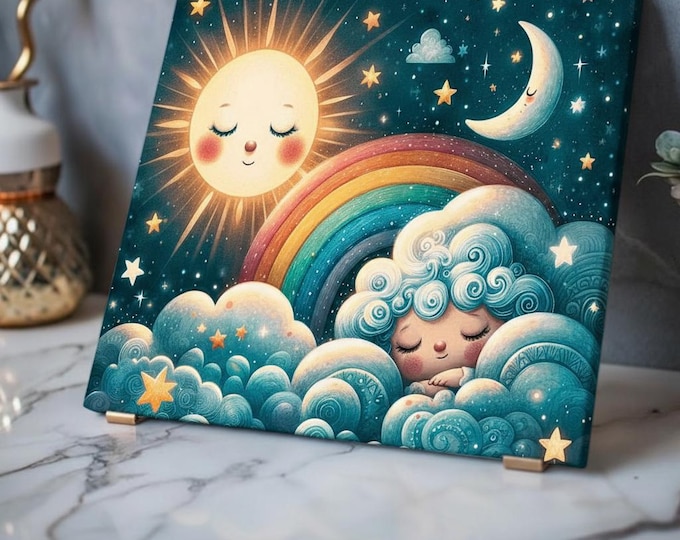 Sleeping Moon and Rainbow Nursery Acrylic Print | Wall Art