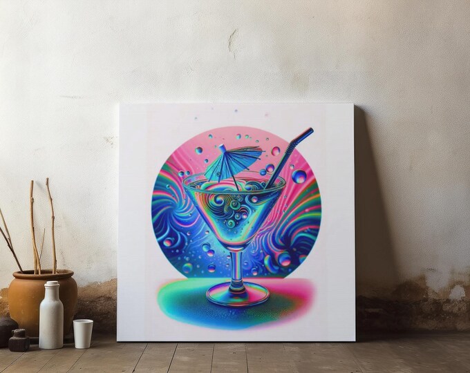Green Fairy Cocktail Canvas Wall Art: Retro Home Bar Decor