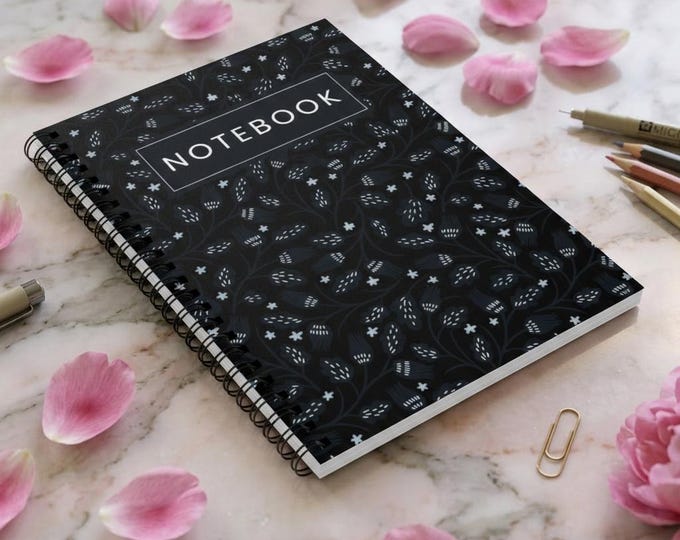 Dark Ash Floral Vine Spiral Bound Notebook | Black Botanical Diary