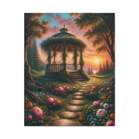 Secret Garden Gazebo Canvas Art: Floral Landscape Wall Decor (16x20)
