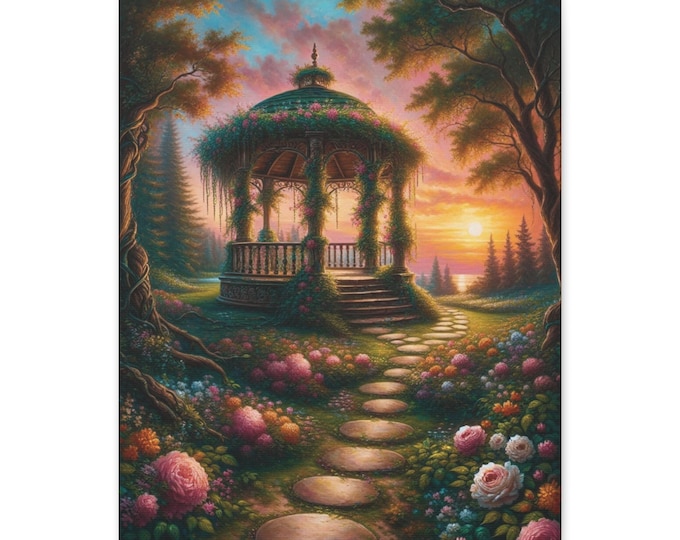 Secret Garden Gazebo Canvas Art: Floral Landscape Wall Decor (16x20)