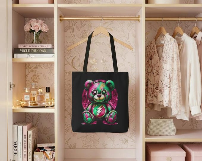 Pink Punk Plushie Tote Bag: Psychedelic Teddy Bear Design